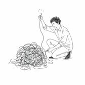 絡まった糸の束から、糸の端を見つけて引き出す人のイラスト
