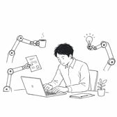 ロボットアームに手伝われながらノートPCで作業する人のイラスト