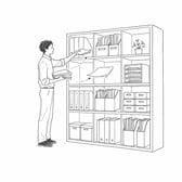 散らかった書類を棚に整理して収めていく人のイラスト