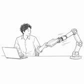 ロボットアームが仕上がった書類を手渡してくれるイラスト