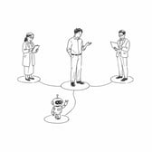 中心の人物が専門家やロボットと線でつながるネットワークのイラスト