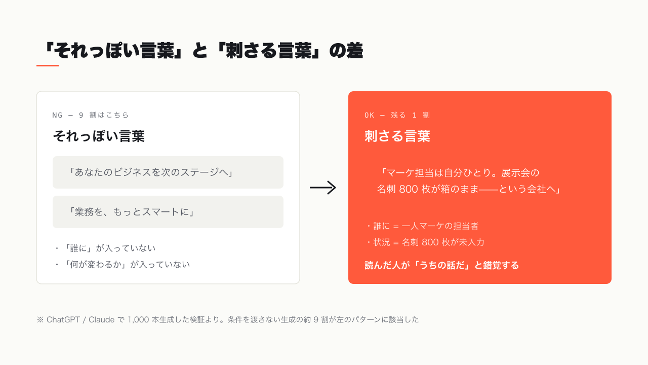 それっぽい言葉と刺さる言葉の差 — 「誰に」「何が変わるか」の有無