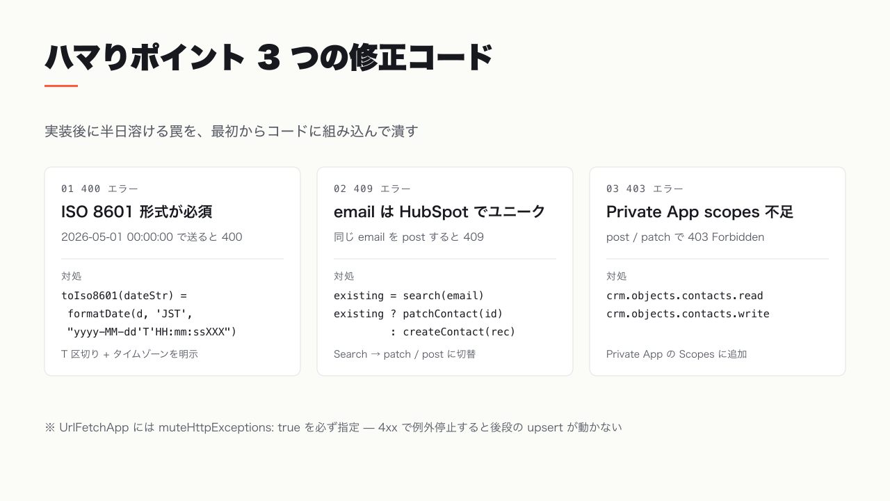ハマりポイント 3 つの修正コード