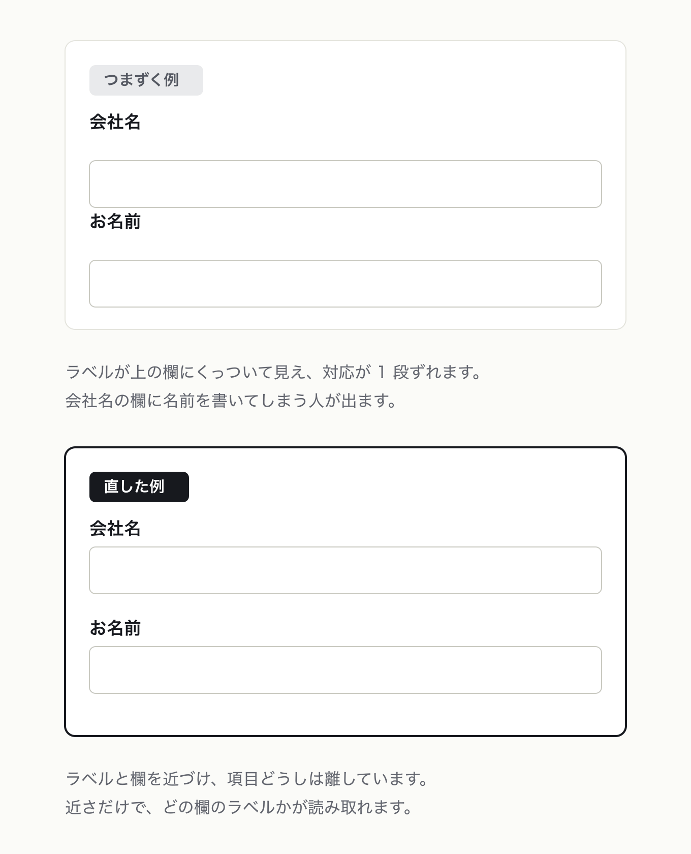 視覚ゲシュタルトの参考 UI。問い合わせフォームの会社名・お名前。左はラベル→欄 28px、欄→次ラベル 8px でラベルが上の欄に付いて見え、右は 8px、28px に反転