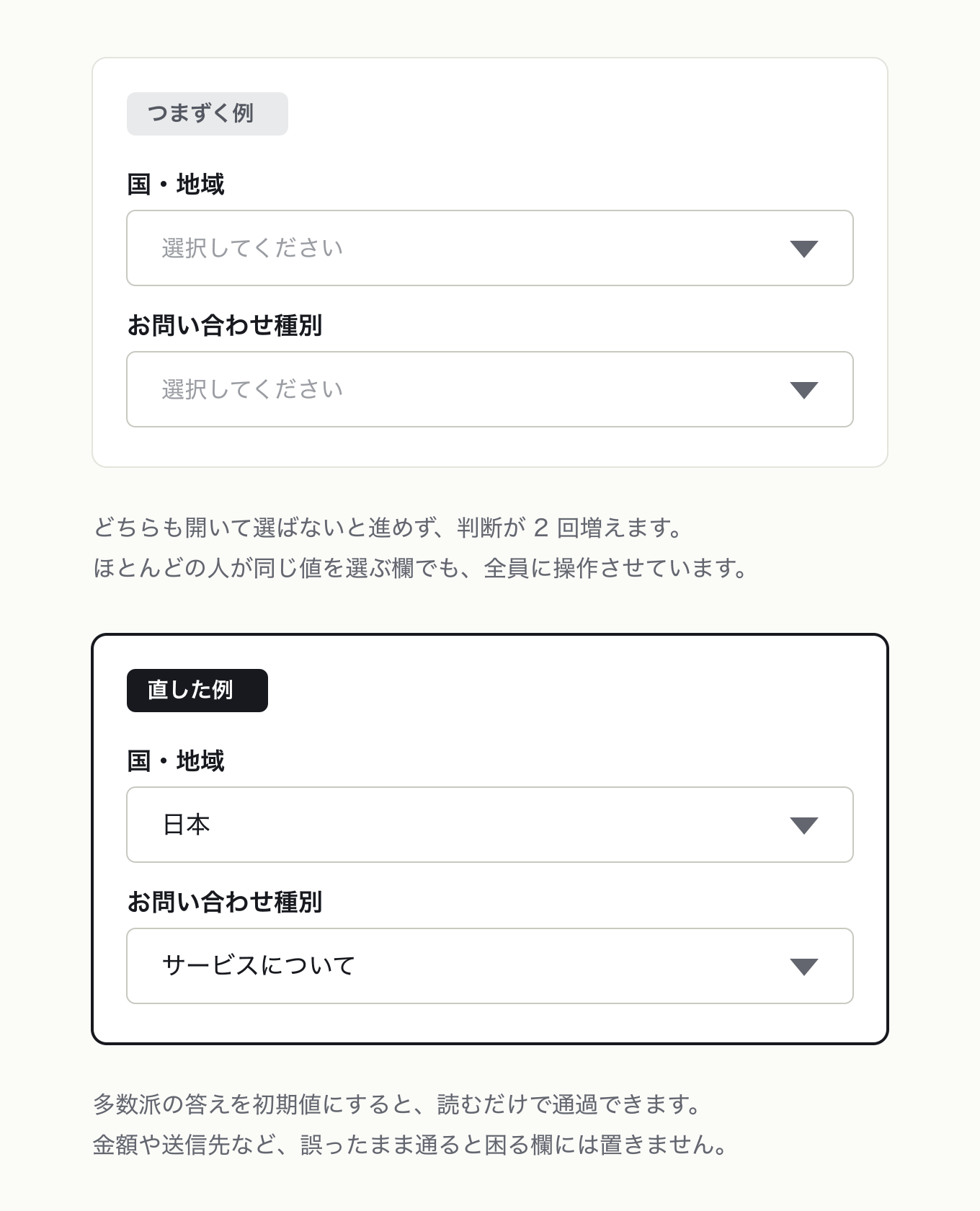 よいデフォルトの参考 UI。「国・地域」「お問い合わせ種別」の 2 セレクトを、左は両方「選択してください」・右は多数派の「日本」「サービスについて」が入った状態にし、初期値の有無だけを差分に