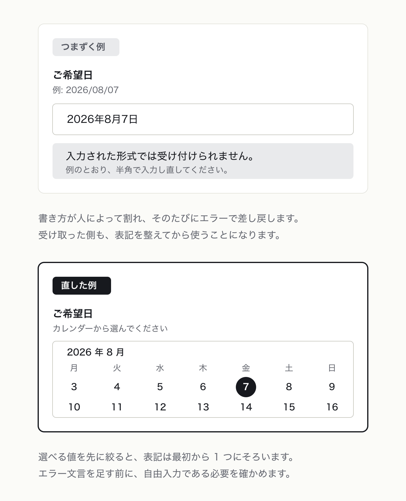 制限コントロールを活用するの参考 UI。「ご希望日」を、左は自由入力+書式エラーの差し戻し・右は 2026 年 8 月のカレンダー(7 日選択済み)にし、エラーが要る側と要らない側を対比