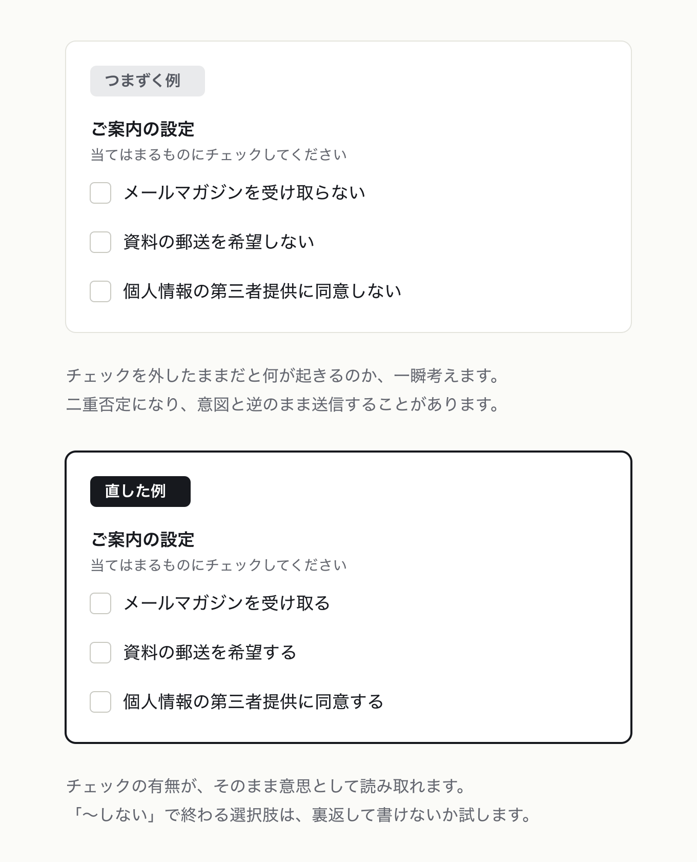 選択肢の文言は肯定文にするの参考 UI。同じ 3 つのチェックボックスを全部未チェックのまま、左は「受け取らない、希望しない、同意しない」、右は「受け取る、希望する、同意する」にし、文言だけを差分に