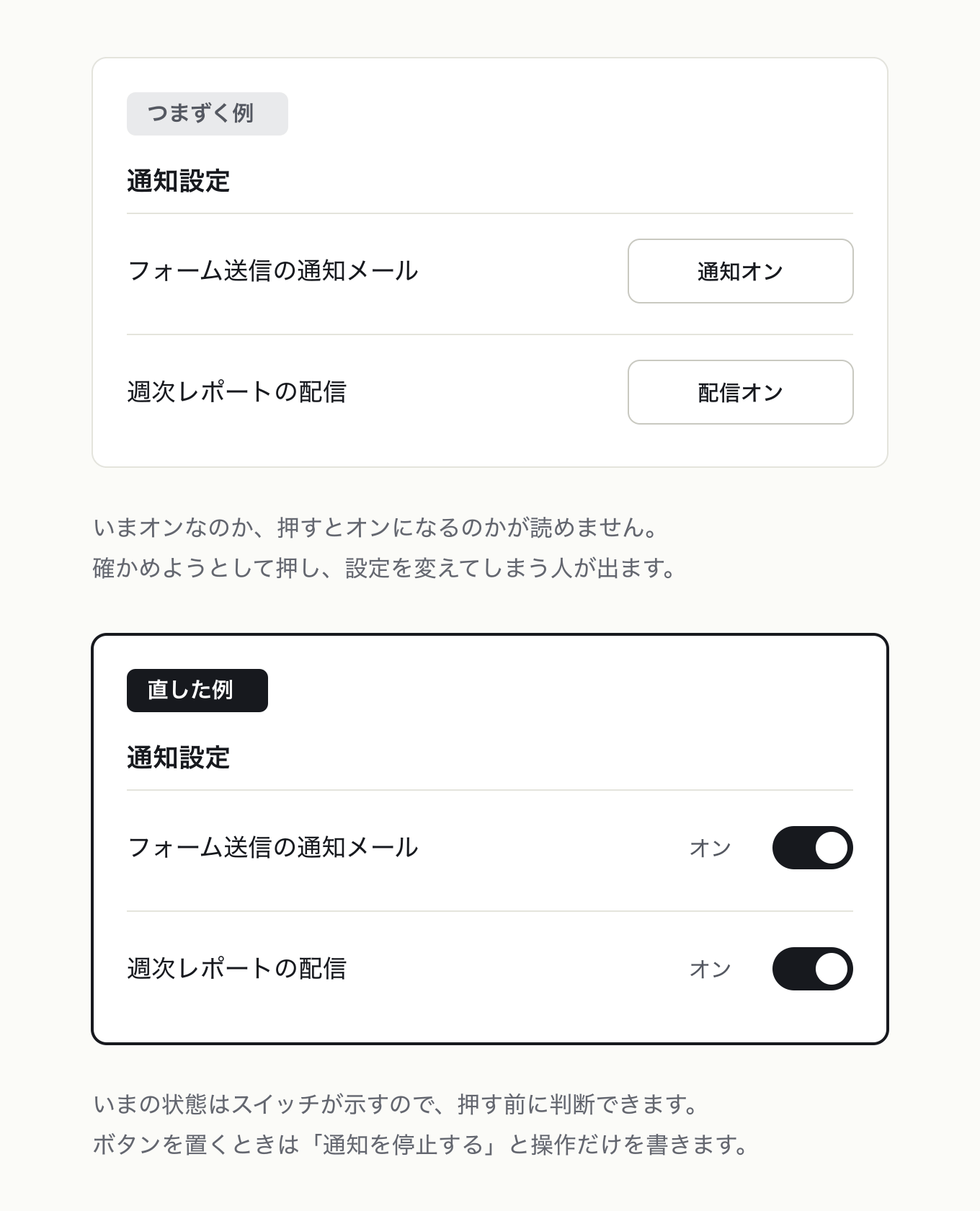 フリップフロップ問題を避けるの参考 UI。管理画面の通知設定 2 行で、左は「通知オン」「配信オン」というボタン、右は同じ位置をスイッチ + 状態表示に置き換えました
