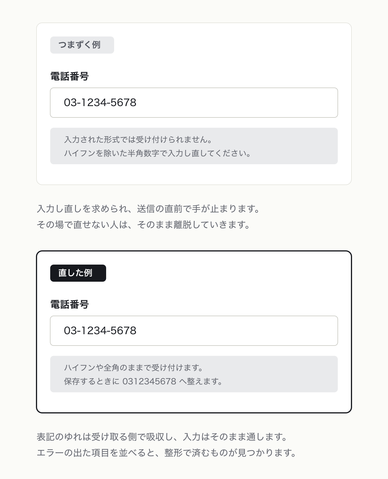ユーザーに厳密さを求めないの参考 UI。電話番号に「03-1234-5678」と入った同じ画面で、左は入力し直しを求めるエラー、右はそのまま受け付け保存時に整形すると伝える通知に変えました
