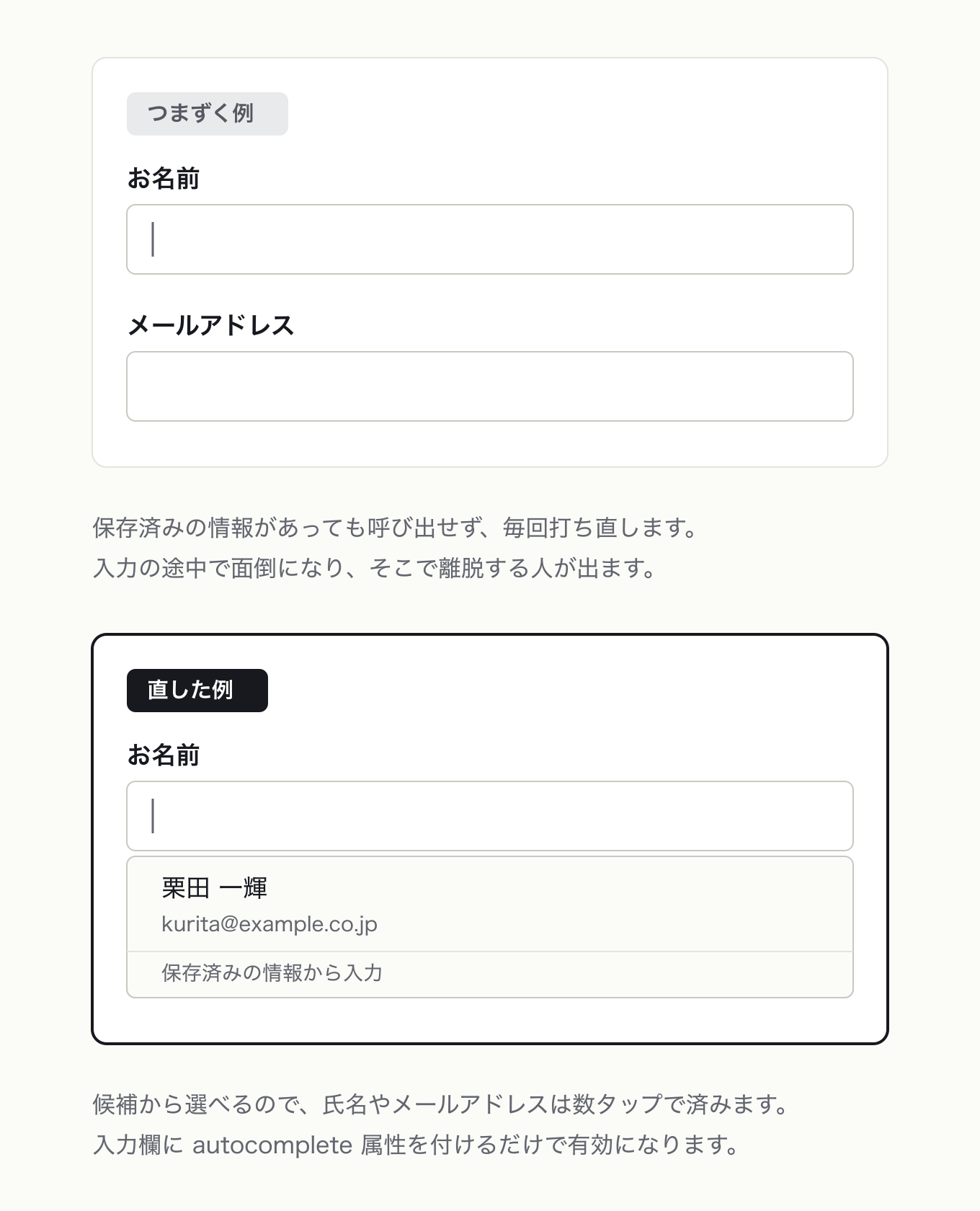 入力サジェスチョンを提示するの参考 UI。お名前欄にカーソルがある同じフォームで、左は候補が出ずゼロから打つ状態、右は入力欄と同じ幅の自動入力候補が浮いた状態にしました