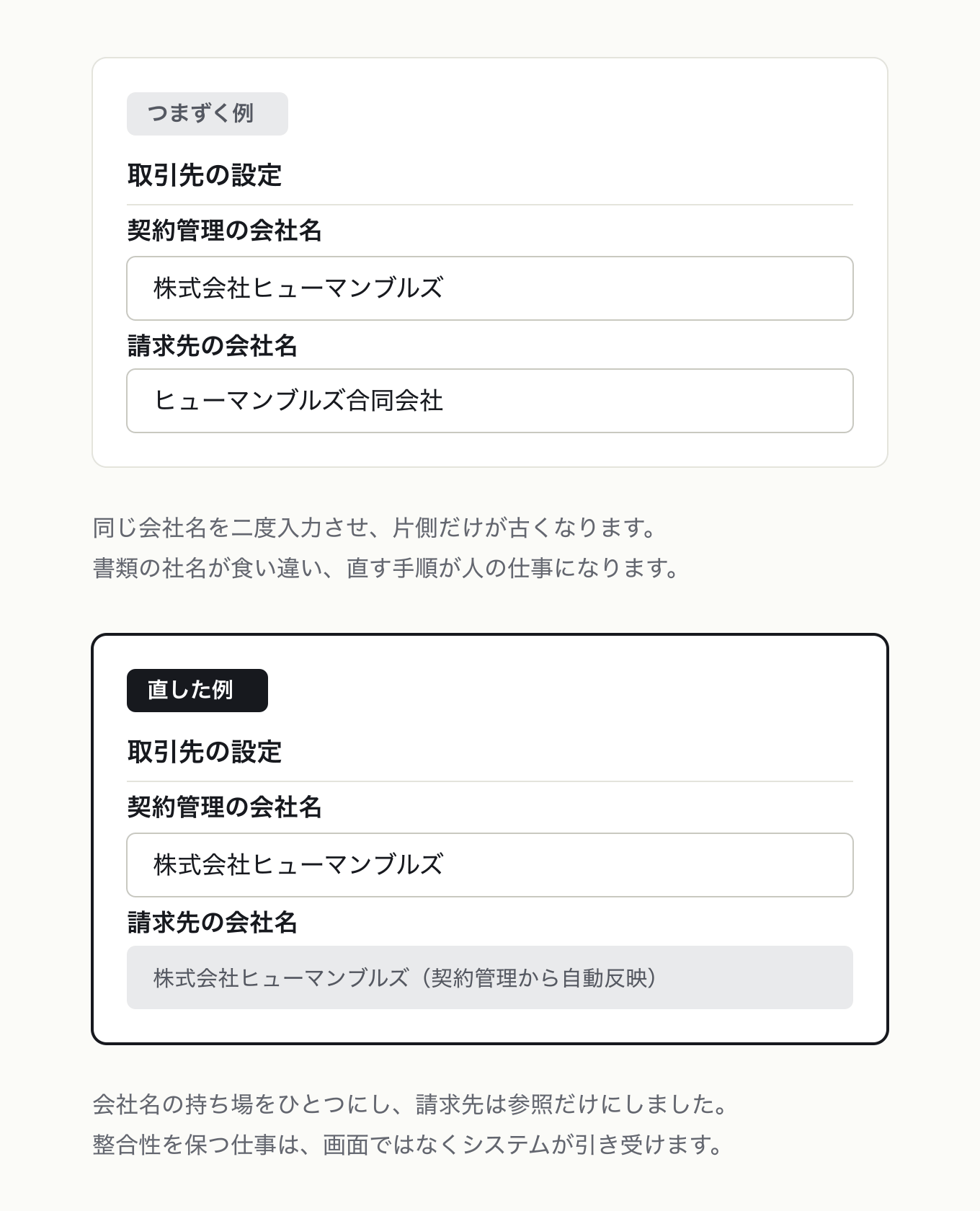 整合性を損なうような操作をユーザーに求めないの参考 UI。取引先設定の会社名。左は契約管理と請求先に別々の入力欄があり片方が旧社名、右は請求先を参照表示にして自動反映