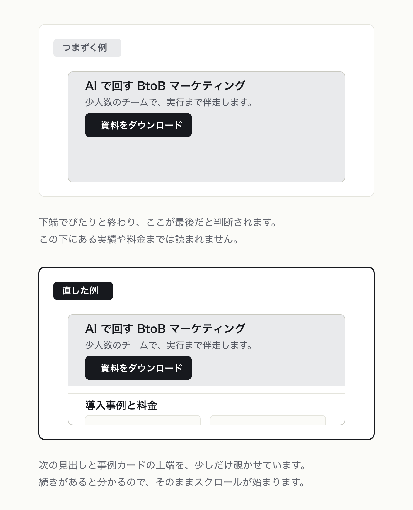 スクロール画面では続きがありそうに見せるの参考 UI。左が「つまずく例」、右が「直した例」。ファーストビューでヒーローが下端までぴたり収まる状態と、次セクションの見出しと事例カードの上端を clipPath で覗かせた状態