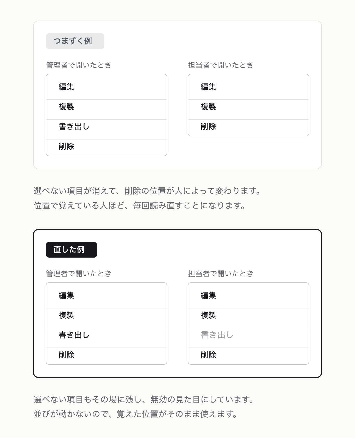 メニュー項目の位置を変化させないの参考 UI。一覧の操作ドロップダウンを管理者、担当者で並置 — 左は権限で「書き出し」が消えて「削除」が繰り上がる、右は無効の見た目で同じ場所に残し、削除の位置が動かない