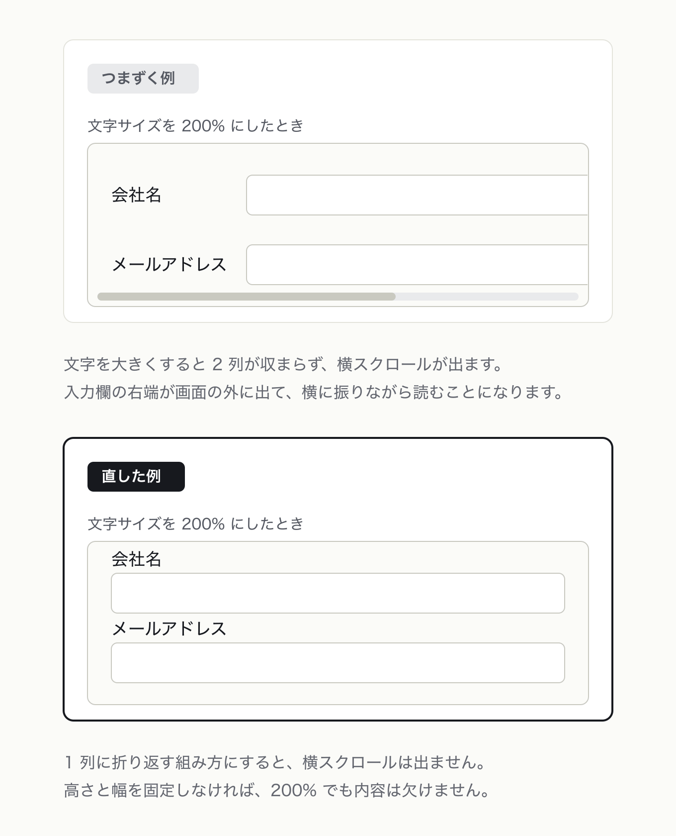 文字の拡大に対応するの参考 UI。左が「つまずく例」、右が「直した例」。文字 200% の問い合わせフォームで、ラベルと入力欄を横並びにした固定幅 2 列は入力欄の右端が切れて横スクロールバーが出る、1 列に折り返して収まり横スクロールが消える
