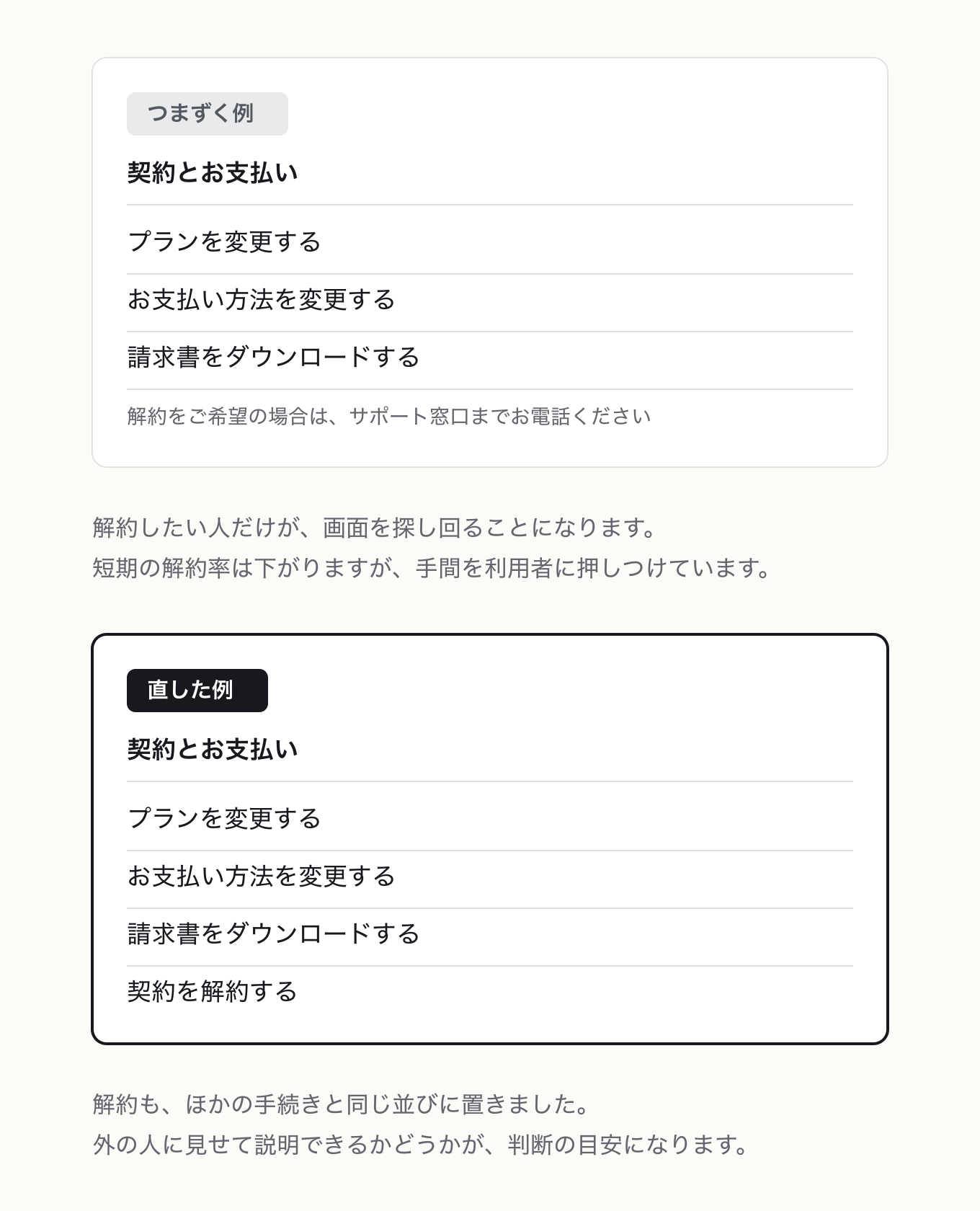 人類にポジティブな影響を与えるの参考 UI。契約とお支払い画面の 4 行目だけを対比。左は解約が行から外れて「サポート窓口までお電話ください」の小さな注記、右は「契約を解約する」がほかの手続きと同じ並びにある